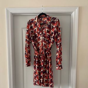 Orange, purple, and cream long sleeve shirt dress